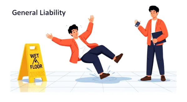 Three panels illustrating risks covered by general liability, professional liability, and property insurance.