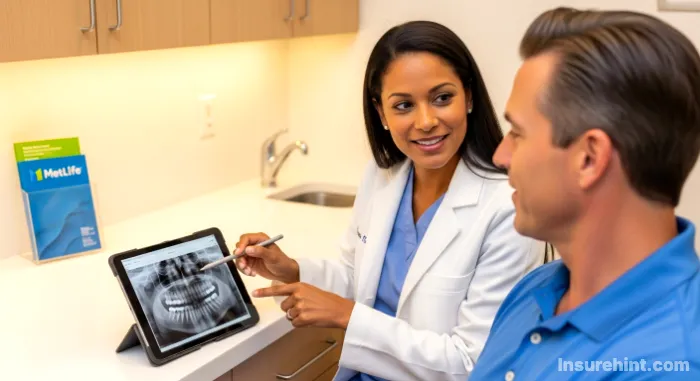 A dentist reviews a dental X-ray with a patient in a modern clinic.