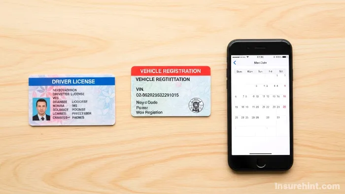 A collection of documents including a driver's license and VIN needed to get a motorcycle insurance quote.