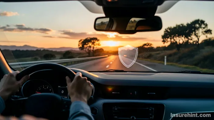 View from a driver's seat on an open road, showing confident hands on the wheel.