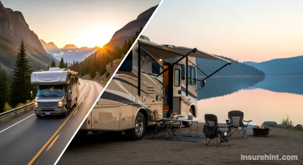 Split-screen image showing an RV on the road and parked at a campsite.