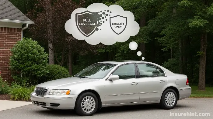 An older car with a thought bubble showing a shift from full coverage to liability-only insurance.