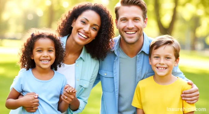 A happy family with healthy smiles, benefiting from dental insurance.