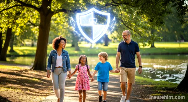 A happy family being sheltered by a symbolic life insurance shield, representing financial safety.