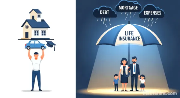 An illustration showing a life insurance umbrella protecting a family from financial burdens.