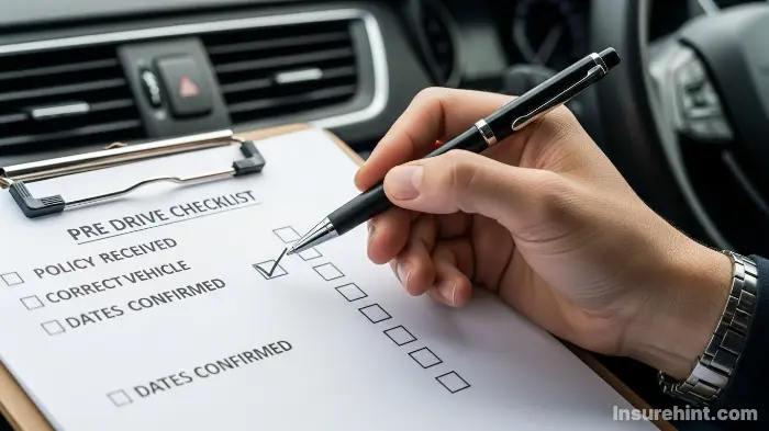 A person completing a final checklist before driving with a temporary car insurance policy.