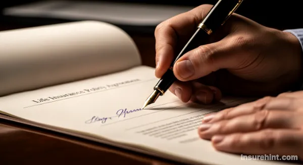 A person signing a life insurance policy document, completing the application process.