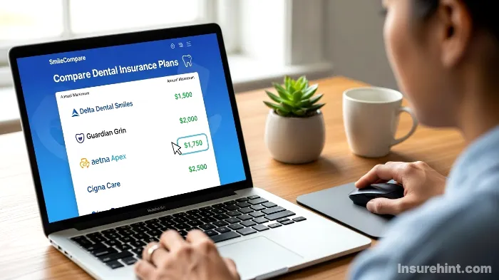 A person using a laptop to compare different affordable dental insurance providers online.