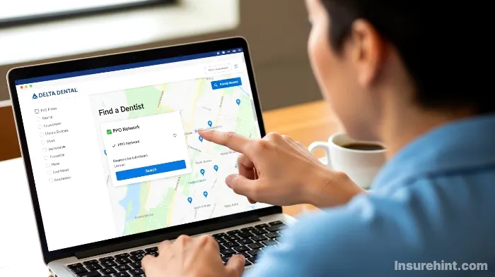 A person using the Delta Dental online tool to find an in-network PPO provider on a laptop.