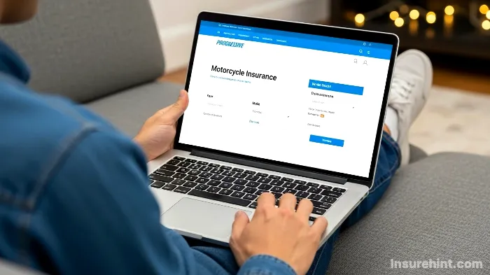 A person getting a Progressive motorcycle insurance quote online using a laptop.
