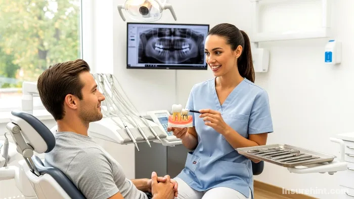 A dentist explains a dental crown procedure to a patient using a tooth model.