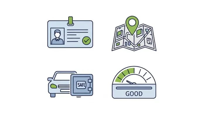 Icons showing the key factors that affect cheap car insurance rates: driving record, location, car type, and credit score.