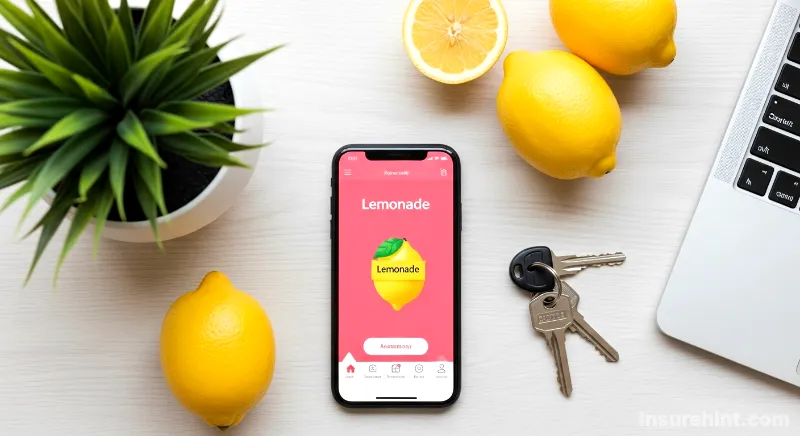 A smartphone showing the Lemonade renters insurance app surrounded by lemons and apartment keys.