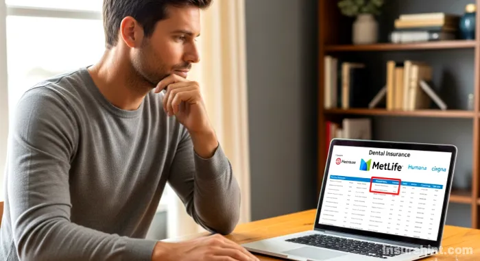 A man uses his laptop to compare Metlife dental insurance with its competitors.