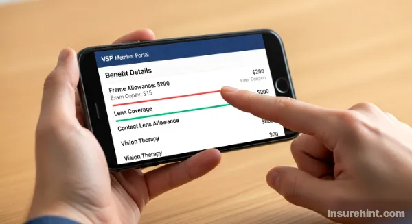 A VSP member reviewing their plan's frame allowance and copay details on their smartphone to maximize benefits.