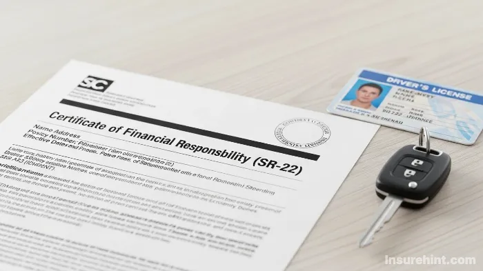 An SR-22 form on a desk with a driver's license, symbolizing legal insurance requirements.