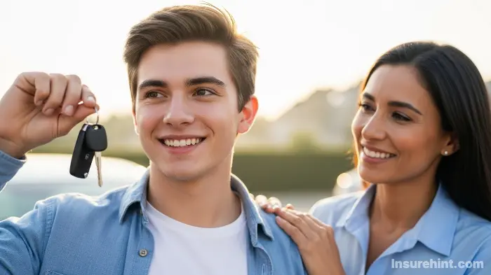 A young driver holding car keys stands confidently next to a supportive parent, representing strategies for affordable young driver insurance.