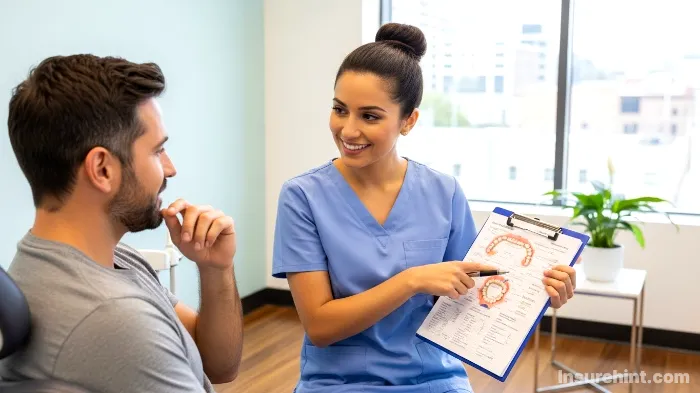 A dentist explaining a pre-treatment estimate on a clipboard to a patient in a dental office.