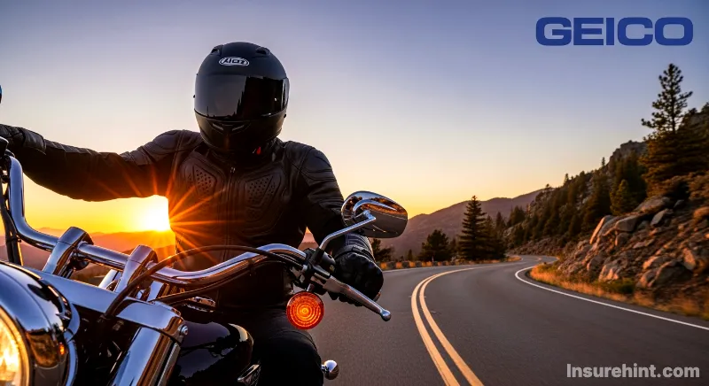 Rider on a scenic road considering Geico motorcycle insurance.