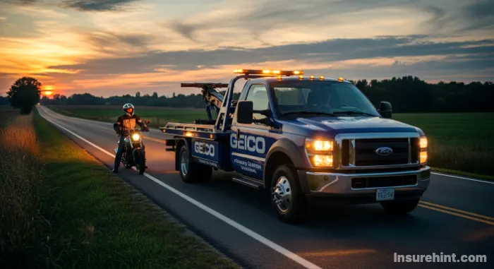 Geico roadside assistance tow truck helping a stranded motorcyclist.