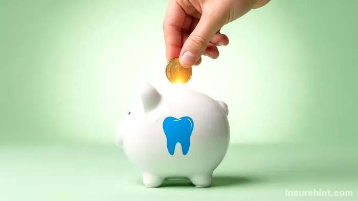 A hand putting a coin into a tooth-themed piggy bank, representing savings on dental care.