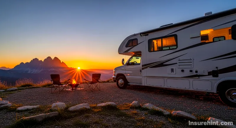 A modern RV parked in a mountain landscape, illustrating the need for RV insurance.