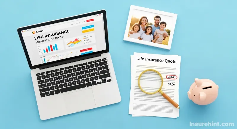A person using a laptop and a magnifying glass to find affordable life insurance quotes online.