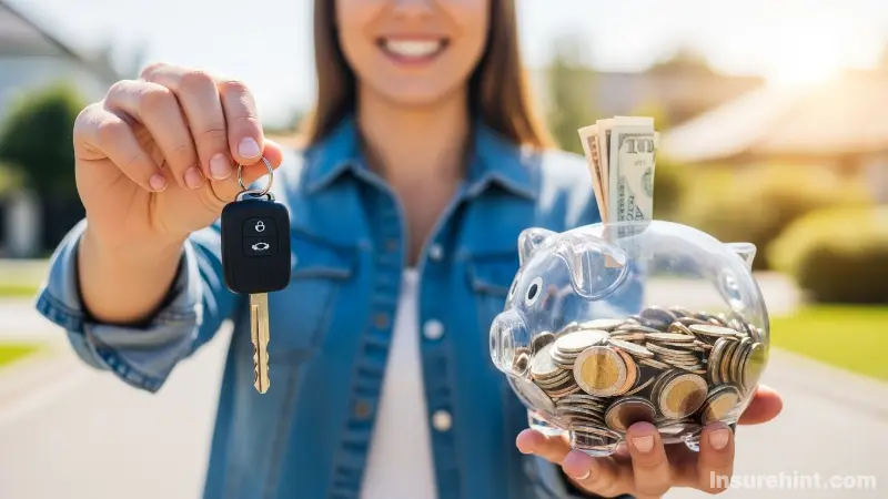 A happy person holding car keys and a piggy bank, representing finding cheap auto insurance.