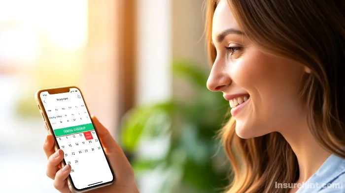 A woman confidently scheduling her dental checkup on her smartphone calendar.