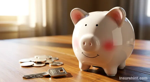 A piggy bank and apartment key representing the low cost of renters insurance.
