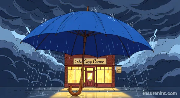 A large umbrella shielding a small business from a storm, symbolizing the need for insurance.
