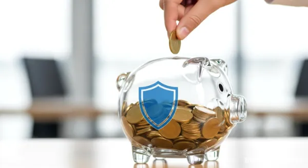 A hand adding a coin to a piggy bank with a shield icon, symbolizing saving money on affordable business insurance.