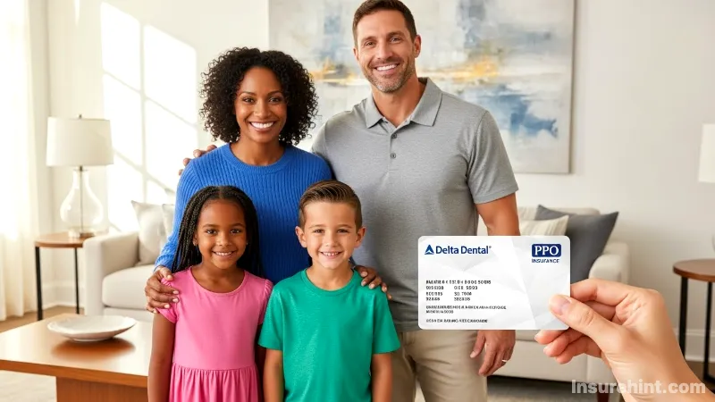 A smiling family with a Delta Dental PPO card, symbolizing affordable dental care benefits.