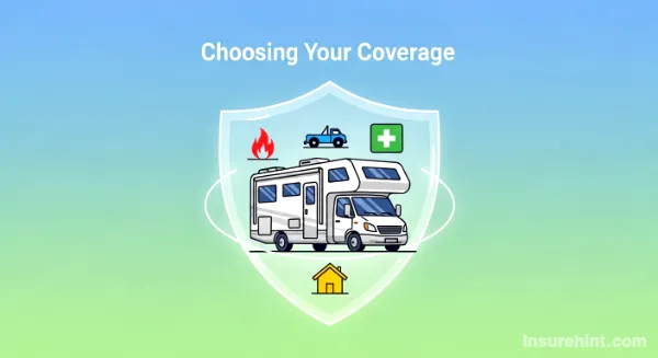 Graphic of an RV protected by a shield representing different insurance coverages.