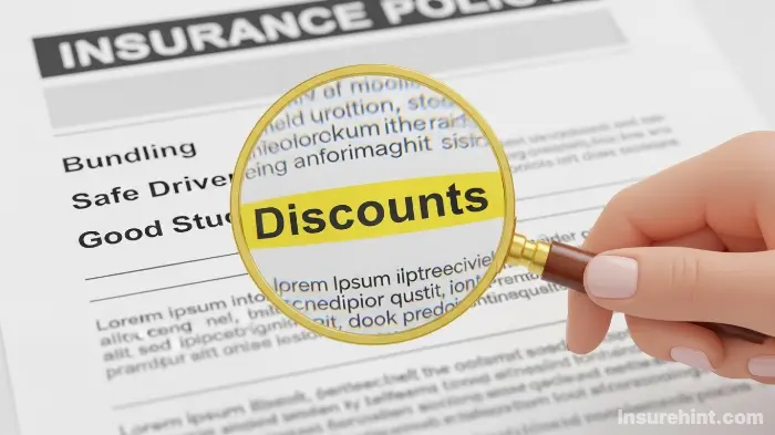 A magnifying glass highlighting the word "Discounts" on a car insurance policy document.