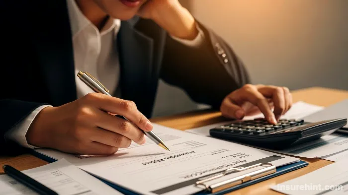 A person reviewing a dental pre-treatment estimate document with a calculator.