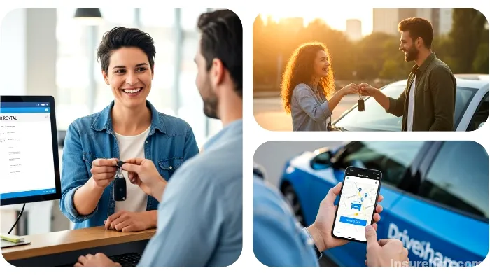 Collage showing people renting cars, borrowing from friends, and using car-sharing services.