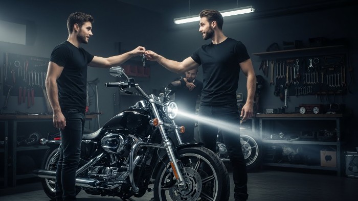 Seller handing keys to buyer who needs temporary motorcycle insurance for test ride