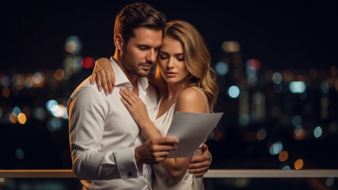 Couple embracing with relief after securing single premium life insurance