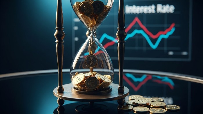 Hourglass with gold coins representing the time value of money