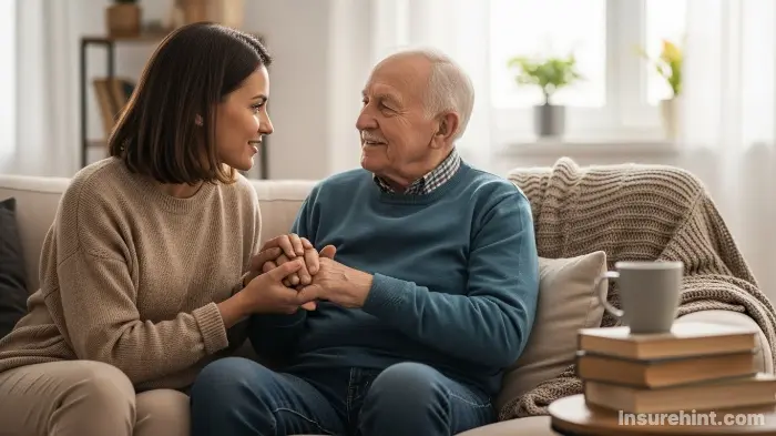An adult child having a gentle and supportive conversation with their parent about final expense planning.
