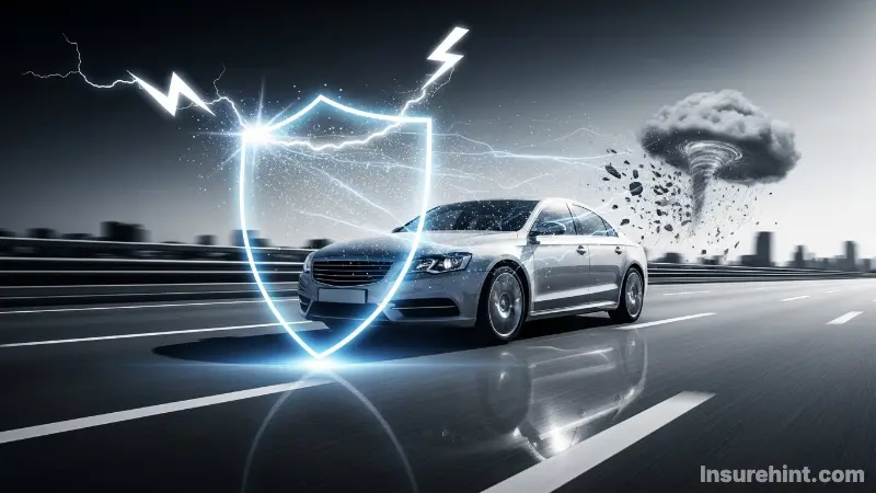 A graphic showing a car protected by a shield, representing full coverage car insurance.