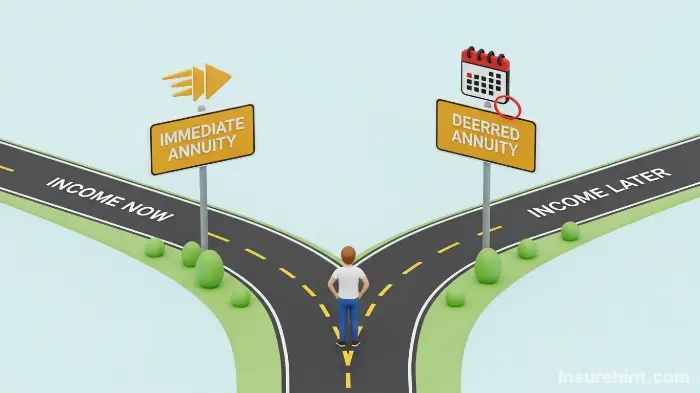 A person at a fork in the road choosing between an immediate and deferred annuity.