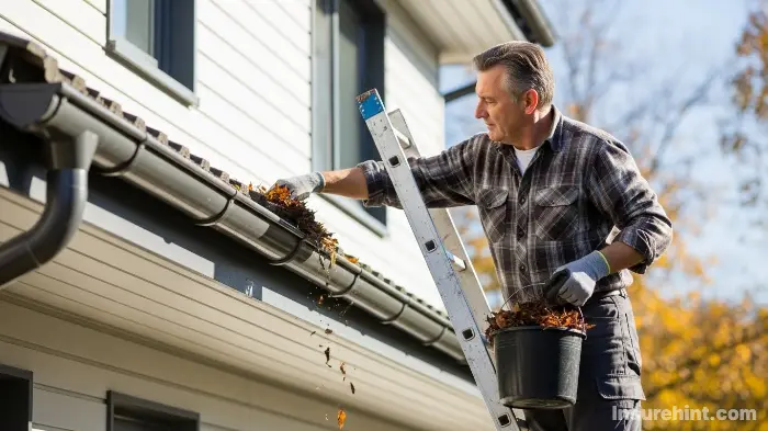 A homeowner cleaning gutters as part of proactive mold prevention maintenance.