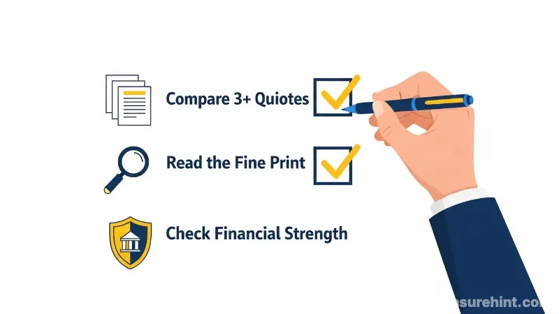 A checklist showing the final steps to choosing home insurance: comparing quotes, reading the fine print, and checking financial strength.