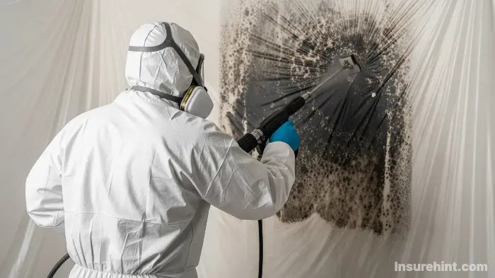 A professional in a hazmat suit performing mold remediation in a home, illustrating the common query: does homeowners insurance cover mold.
