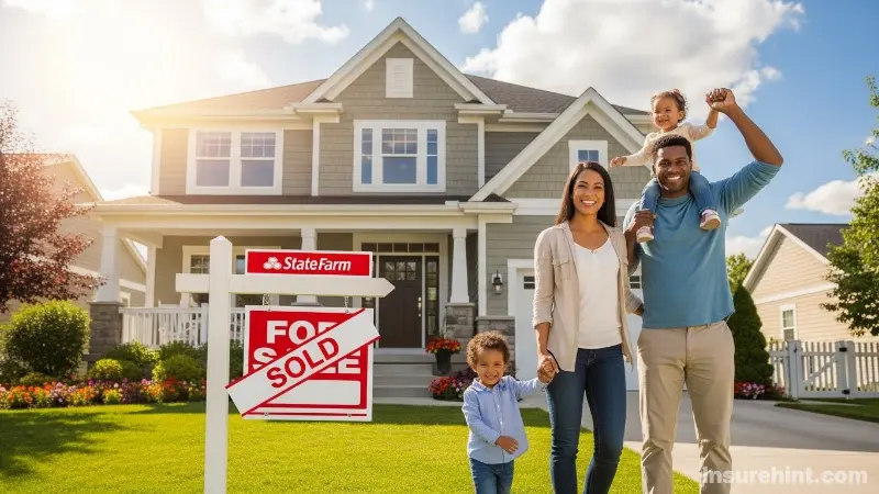 A happy family standing in front of their new home, protected by State Farm homeowners insurance.
