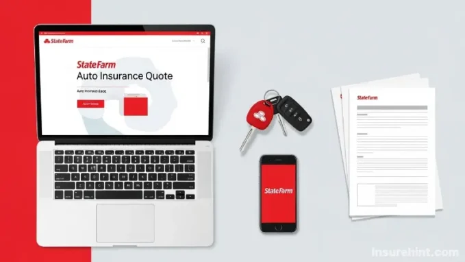 A laptop showing the State Farm auto insurance quote page, with car keys and documents nearby.