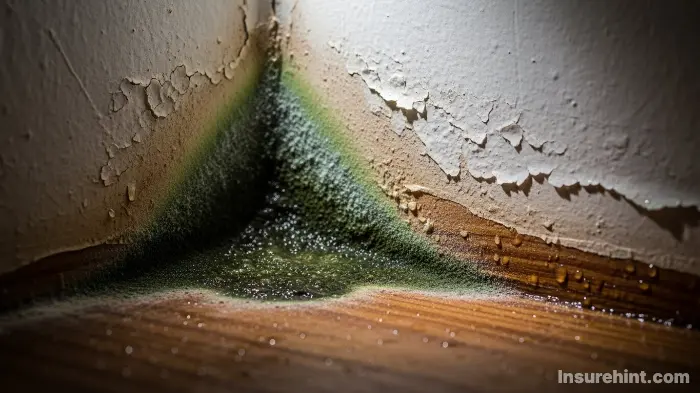 Close-up of black mold spreading on a basement drywall.
