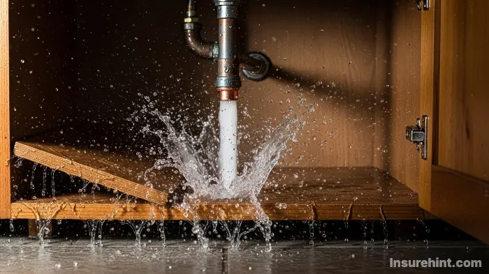 Water spraying from a burst pipe under a kitchen sink, a covered peril for insurance.
